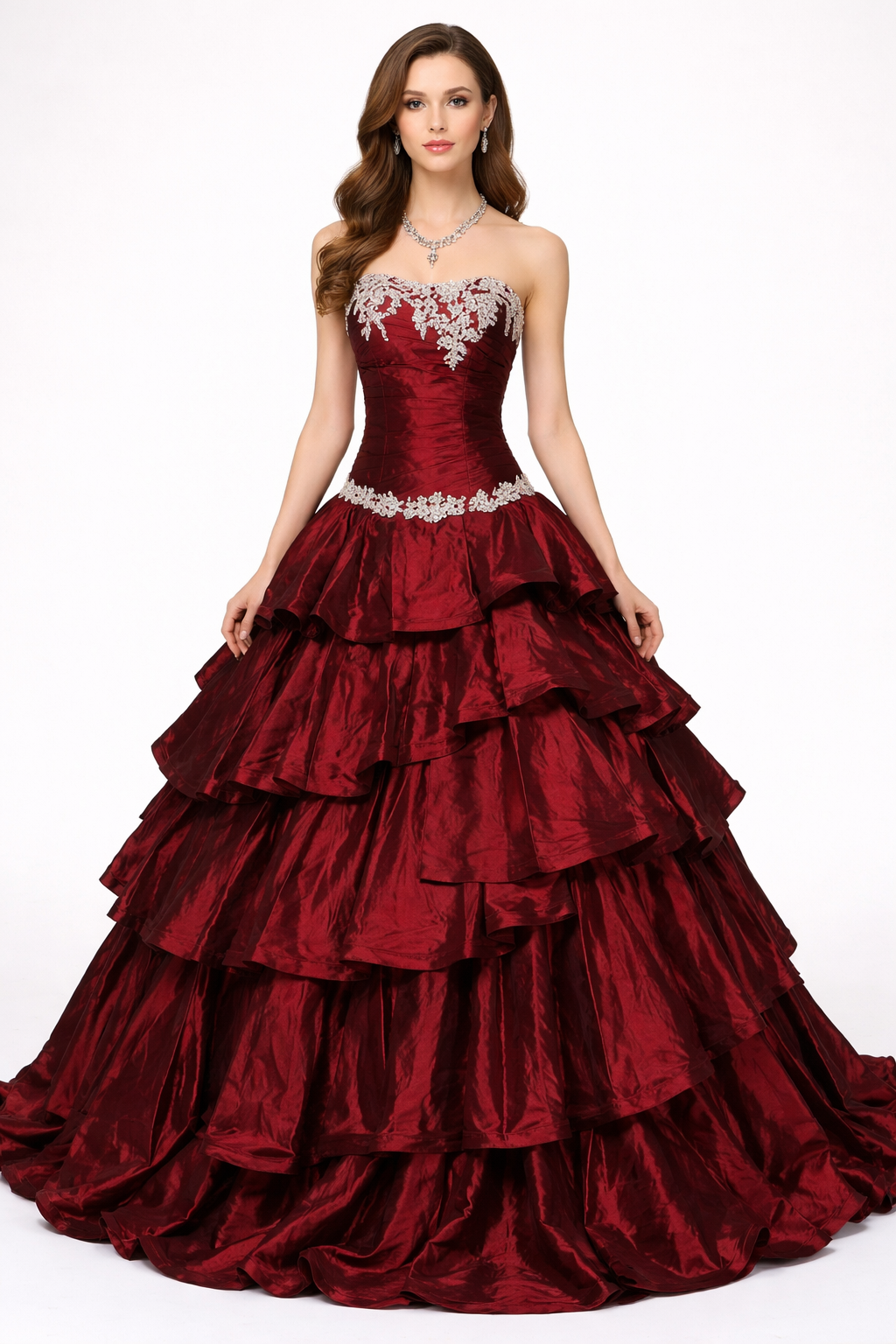 Elegant Strapless Wine Red Taffeta Ball Gown with Ruffles and Appliques - Evening Dress for Women