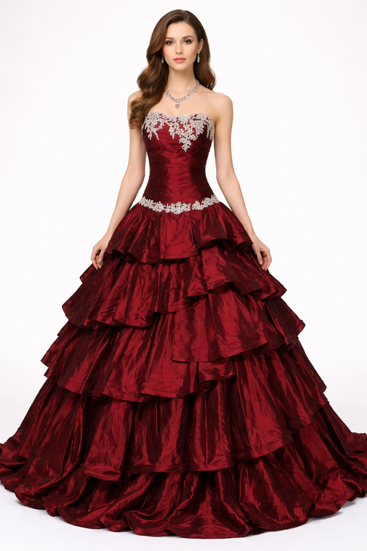 Elegant Strapless Wine Red Taffeta Ball Gown with Ruffles and Appliques - Evening Dress for Women