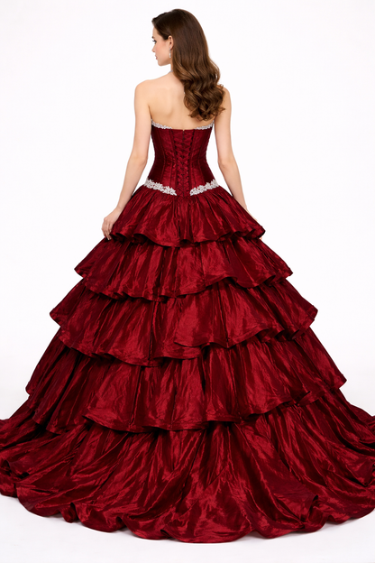 Elegant Strapless Wine Red Taffeta Ball Gown with Ruffles and Appliques - Evening Dress for Women
