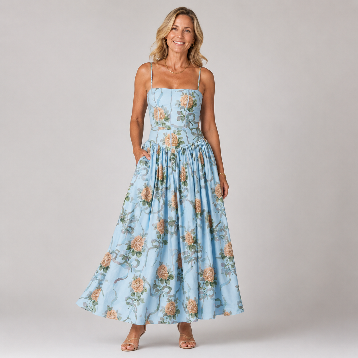 Oligai Women's Floral Print Summer Dress - Elegant Midi Sundress with Spaghetti Straps