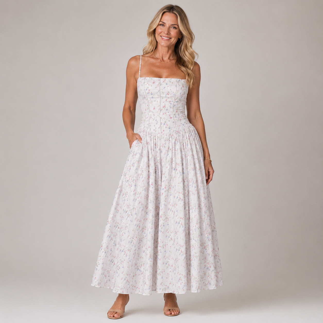 Oligai Women's Floral Print Summer Dress - Elegant Midi Sundress with Spaghetti Straps