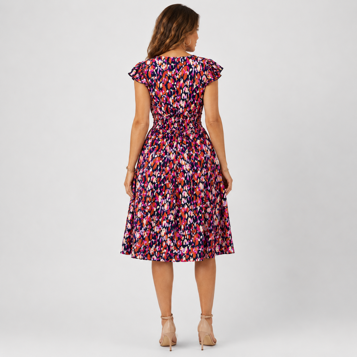 Elegant Floral Print V-Neck Women's Dress with Ruffled Sleeves for Summer