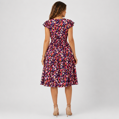 Elegant Floral Print V-Neck Women's Dress with Ruffled Sleeves for Summer