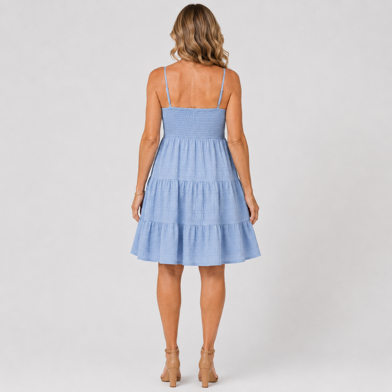 Elegant Women's Blue Spaghetti Strap Smocked Bustier Mini Summer Dress