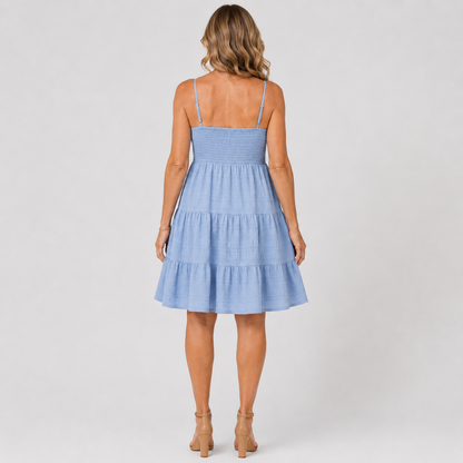 Elegant Women's Blue Spaghetti Strap Smocked Bustier Mini Summer Dress