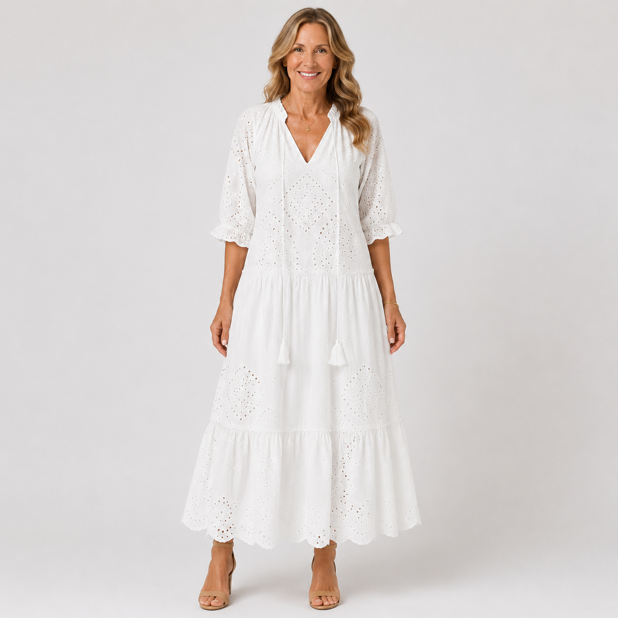 Elegant White Summer Dress for Women - Bohemian Crochet V-Neck Beach Dress