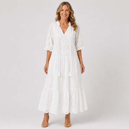 Elegant White Summer Dress for Women - Bohemian Crochet V-Neck Beach Dress