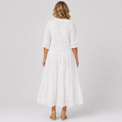 Elegant White Summer Dress for Women - Bohemian Crochet V-Neck Beach Dress