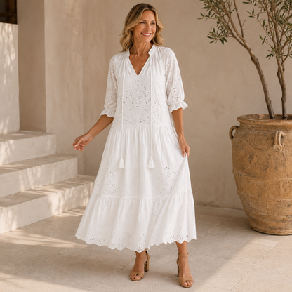 Elegant White Summer Dress for Women - Bohemian Crochet V-Neck Beach Dress