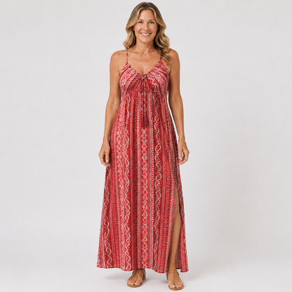 Elegant Backless Boho Summer Dress with Ethnic Patterns and Frill Trim for Women