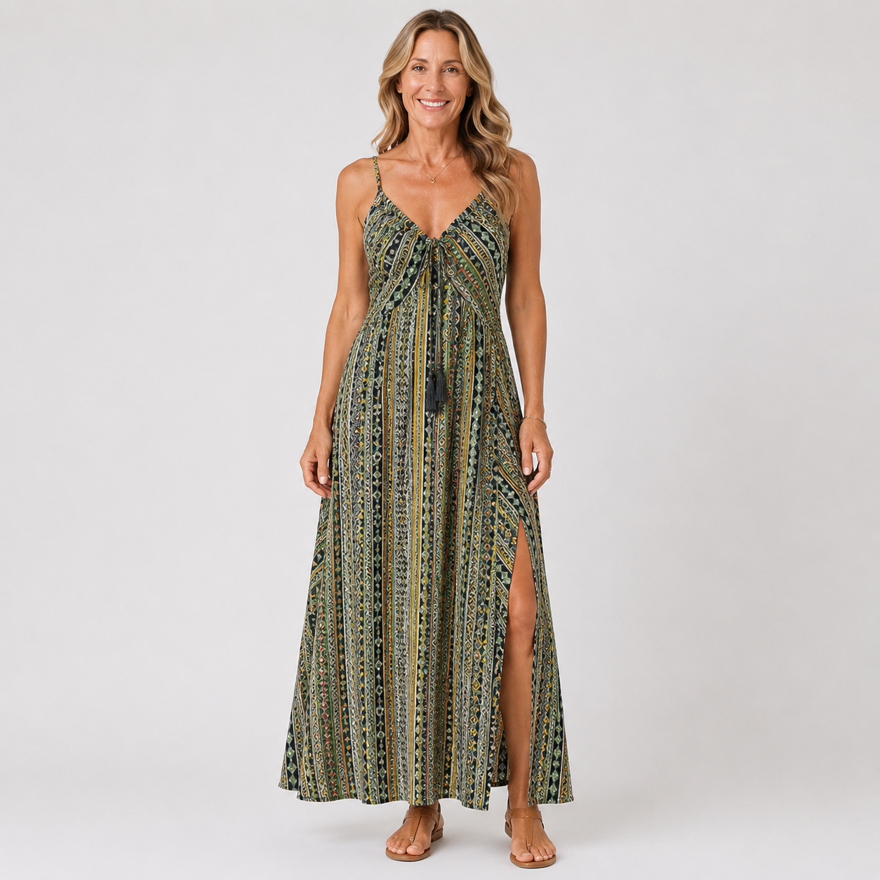 Elegant Backless Boho Summer Dress with Ethnic Patterns and Frill Trim for Women