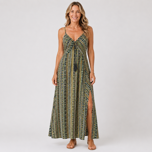 Elegant Backless Boho Summer Dress with Ethnic Patterns and Frill Trim for Women