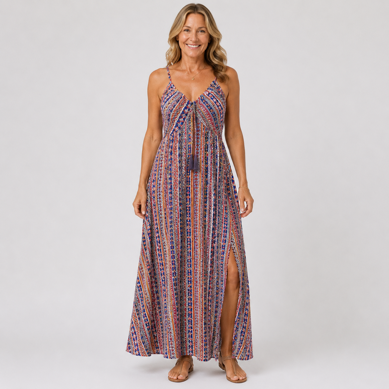 Elegant Backless Boho Summer Dress with Ethnic Patterns and Frill Trim for Women