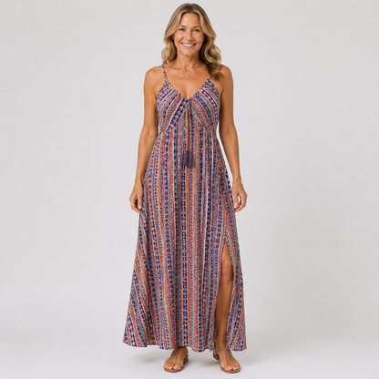 Elegant Backless Boho Summer Dress with Ethnic Patterns and Frill Trim for Women