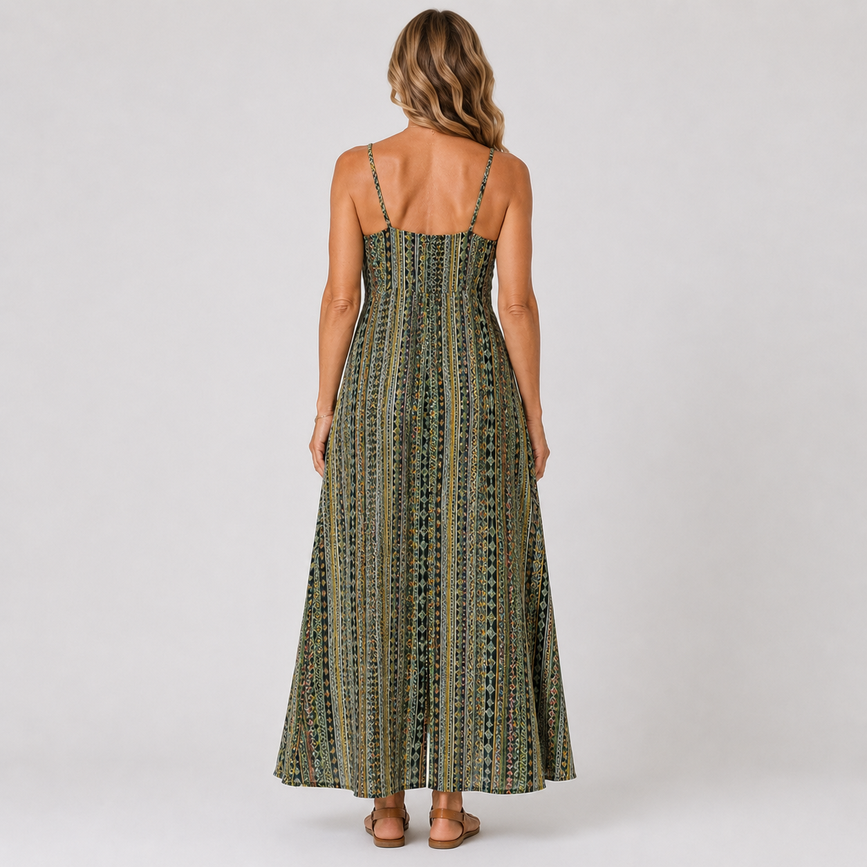 Elegant Backless Boho Summer Dress with Ethnic Patterns and Frill Trim for Women