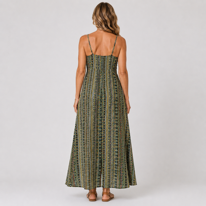 Elegant Backless Boho Summer Dress with Ethnic Patterns and Frill Trim for Women