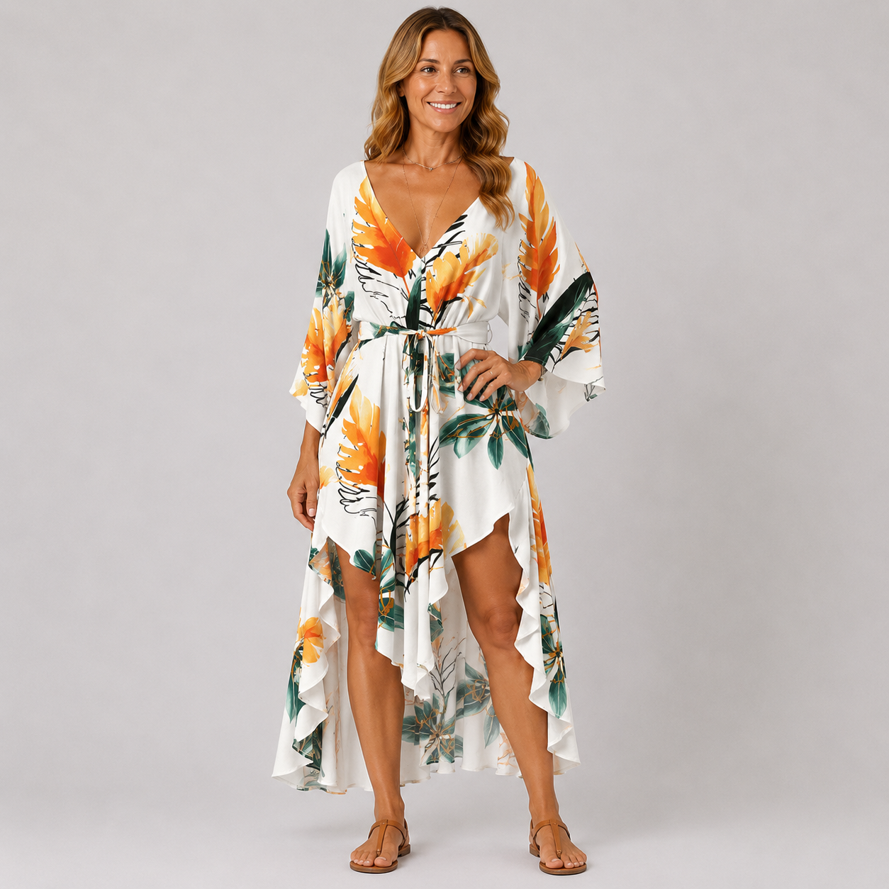 Womens Floral Print V-Neck Bat Sleeve Summer Dress for Casual Outings