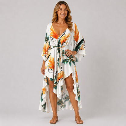 Womens Floral Print V-Neck Bat Sleeve Summer Dress for Casual Outings