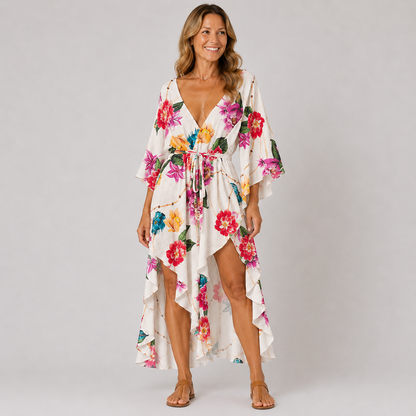 Womens Floral Print V-Neck Bat Sleeve Summer Dress for Casual Outings