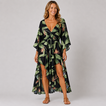 Womens Floral Print V-Neck Bat Sleeve Summer Dress for Casual Outings