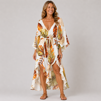 Womens Floral Print V-Neck Bat Sleeve Summer Dress for Casual Outings