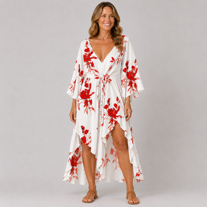 Womens Floral Print V-Neck Bat Sleeve Summer Dress for Casual Outings