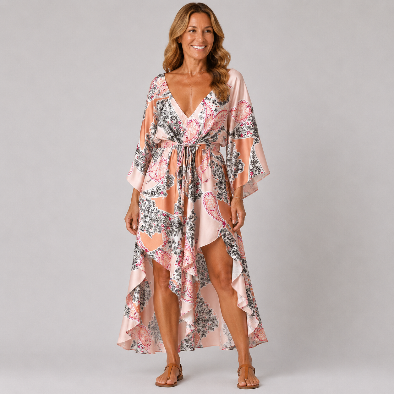 Womens Floral Print V-Neck Bat Sleeve Summer Dress for Casual Outings