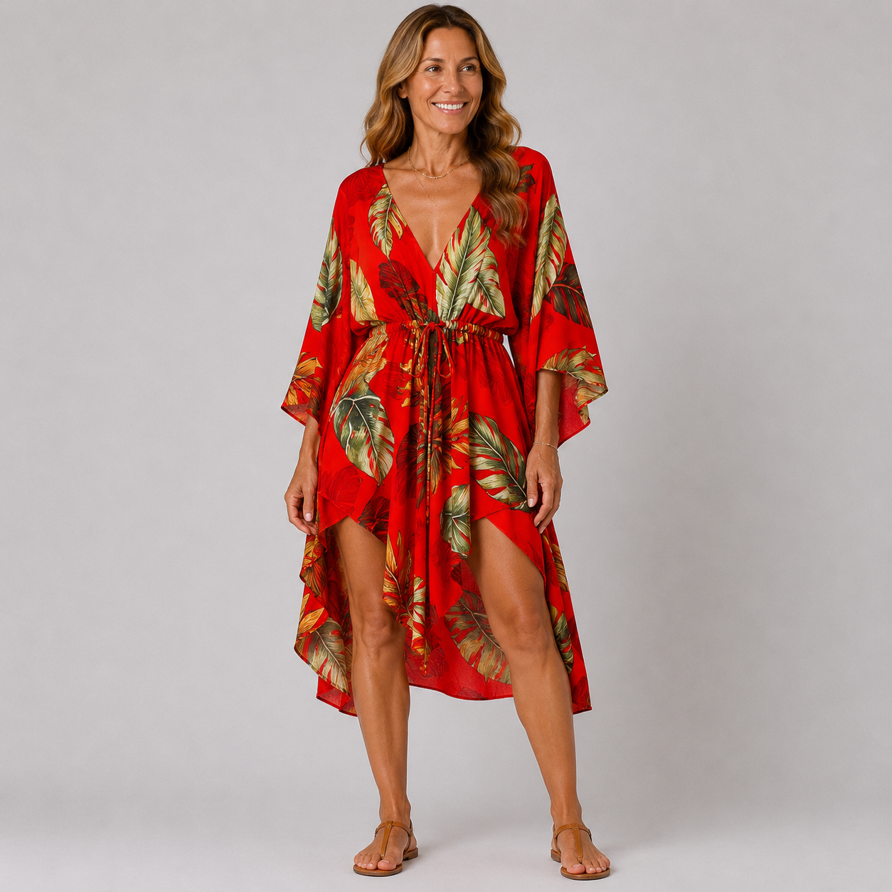 Womens Floral Print V-Neck Bat Sleeve Summer Dress for Casual Outings