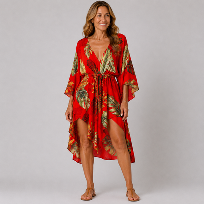 Womens Floral Print V-Neck Bat Sleeve Summer Dress for Casual Outings