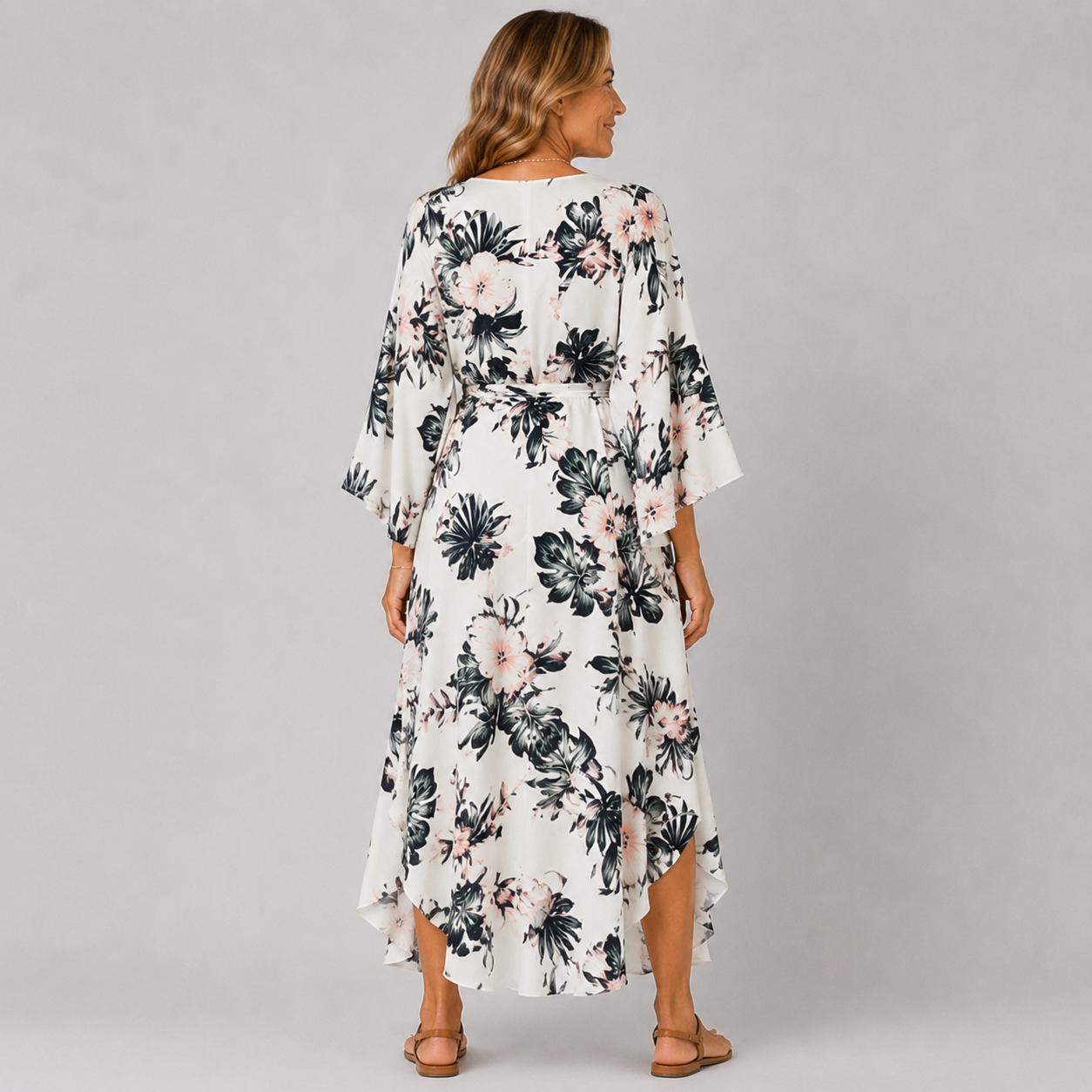 Womens Floral Print V-Neck Bat Sleeve Summer Dress for Casual Outings