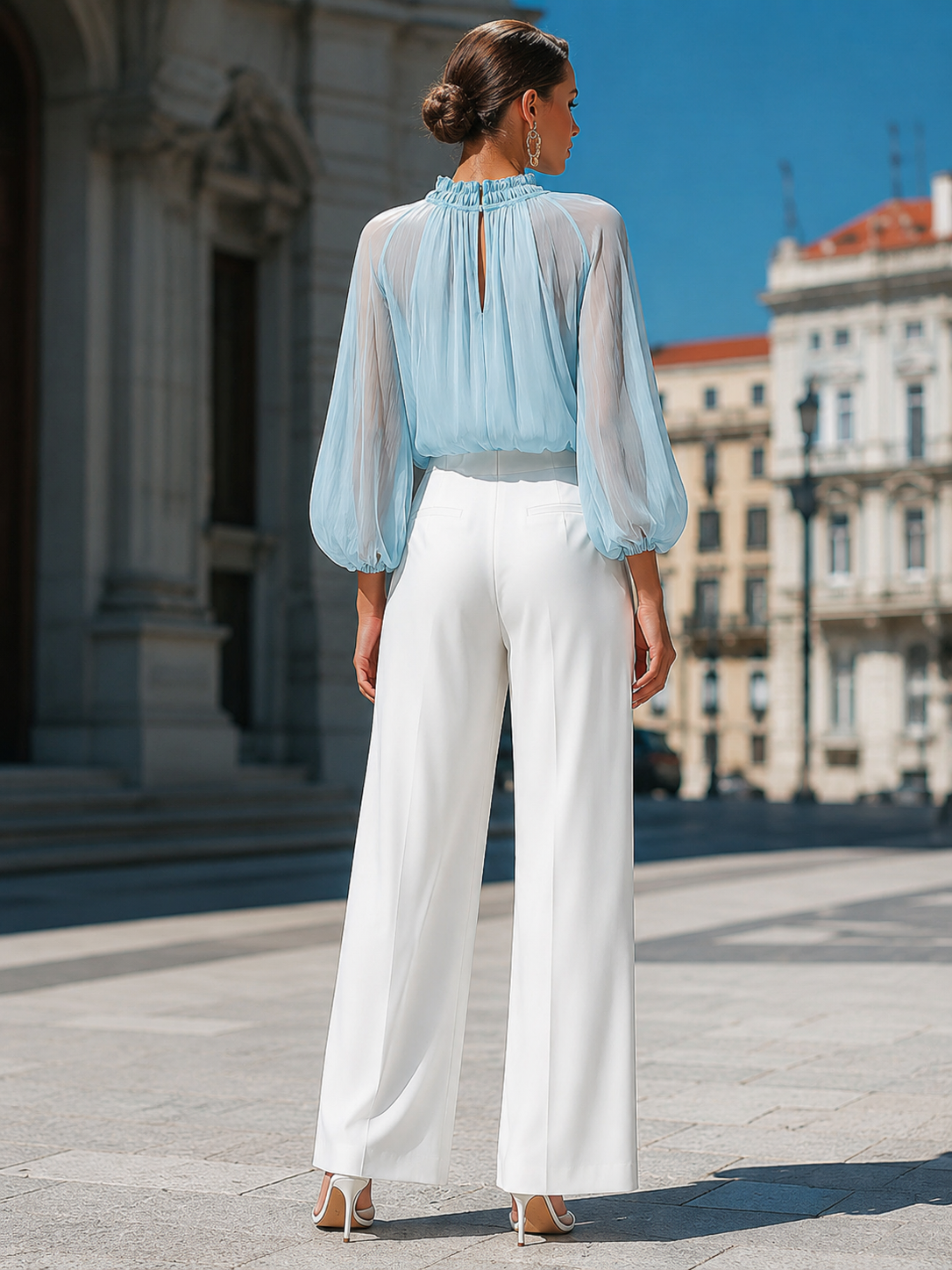 Sheer Pleated High-Neck Blouson Sleeve Blouse