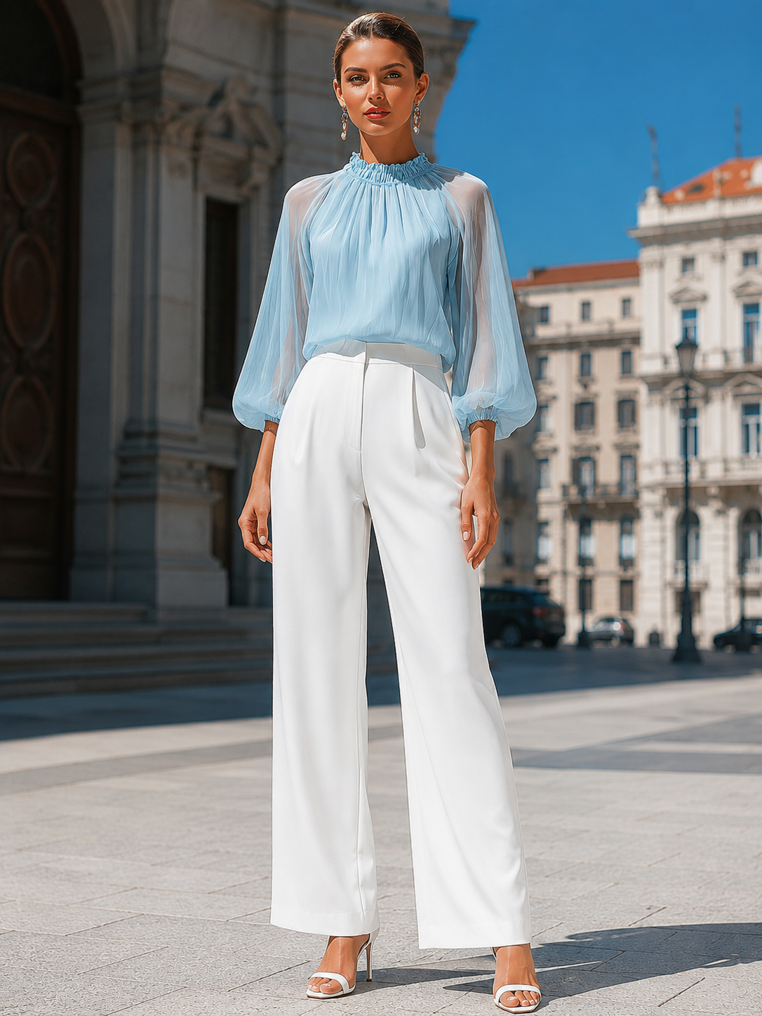 Sheer Pleated High-Neck Blouson Sleeve Blouse