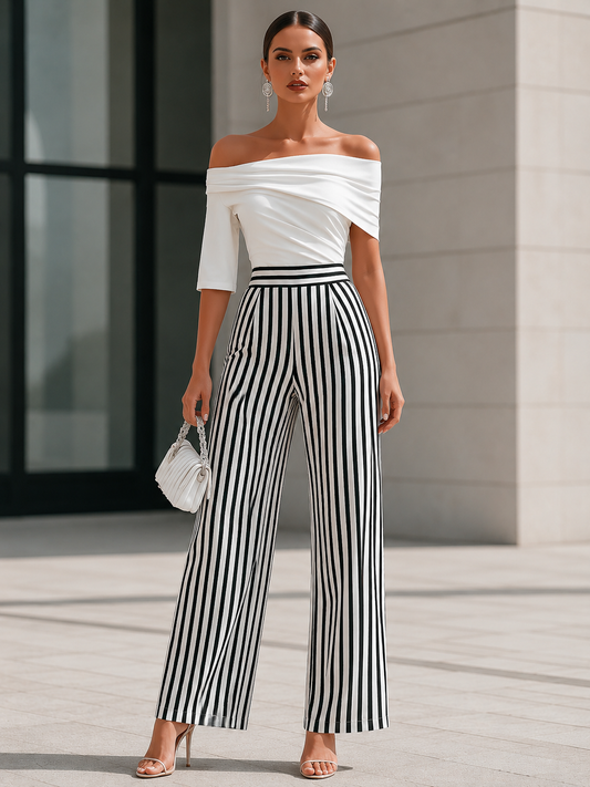 Off-Shoulder Draped Top And Striped Wide-Leg Pants Set