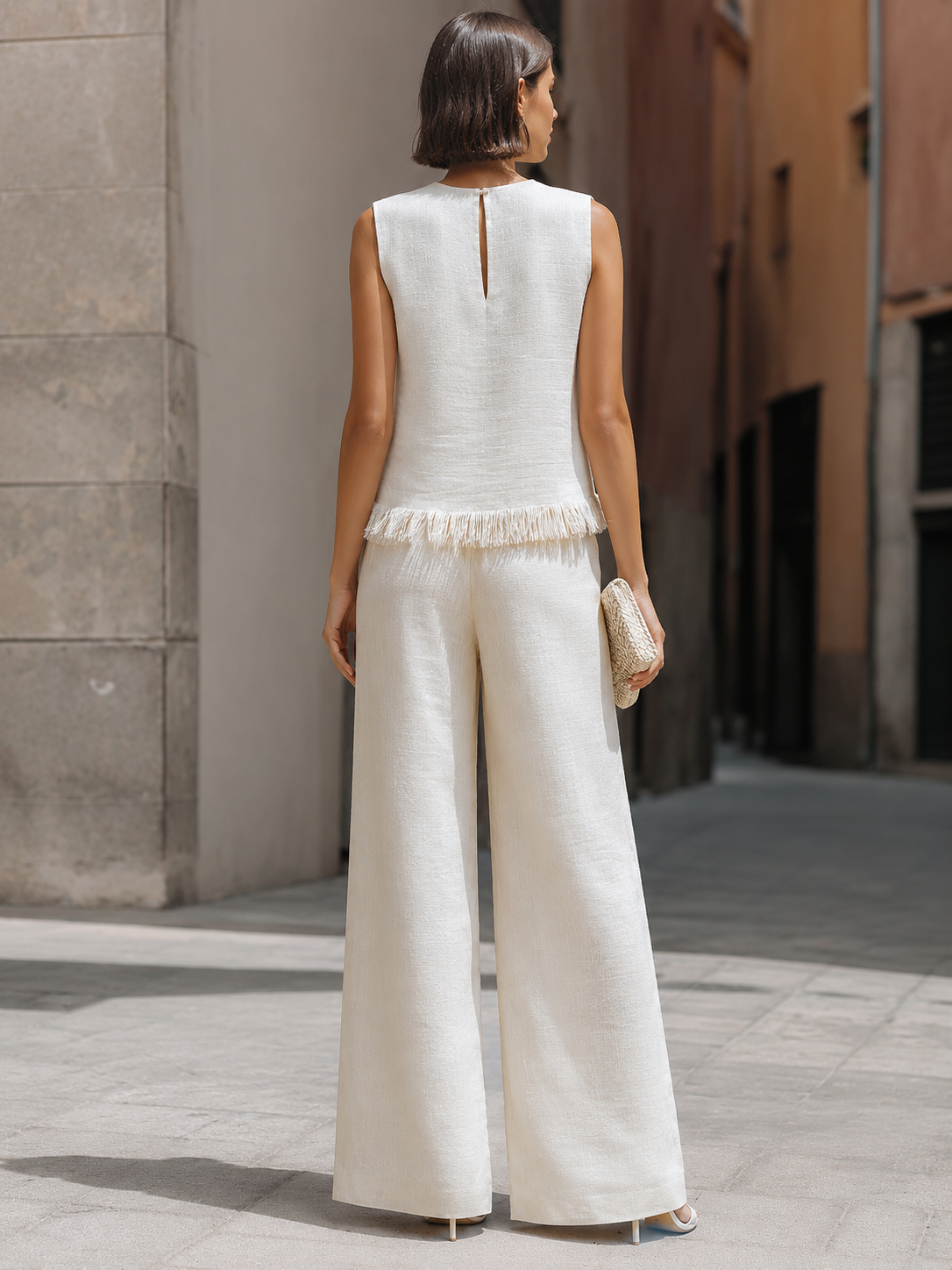 Sleeveless Textured Top And Wide-Leg Pants Set With Frayed Hem Detail