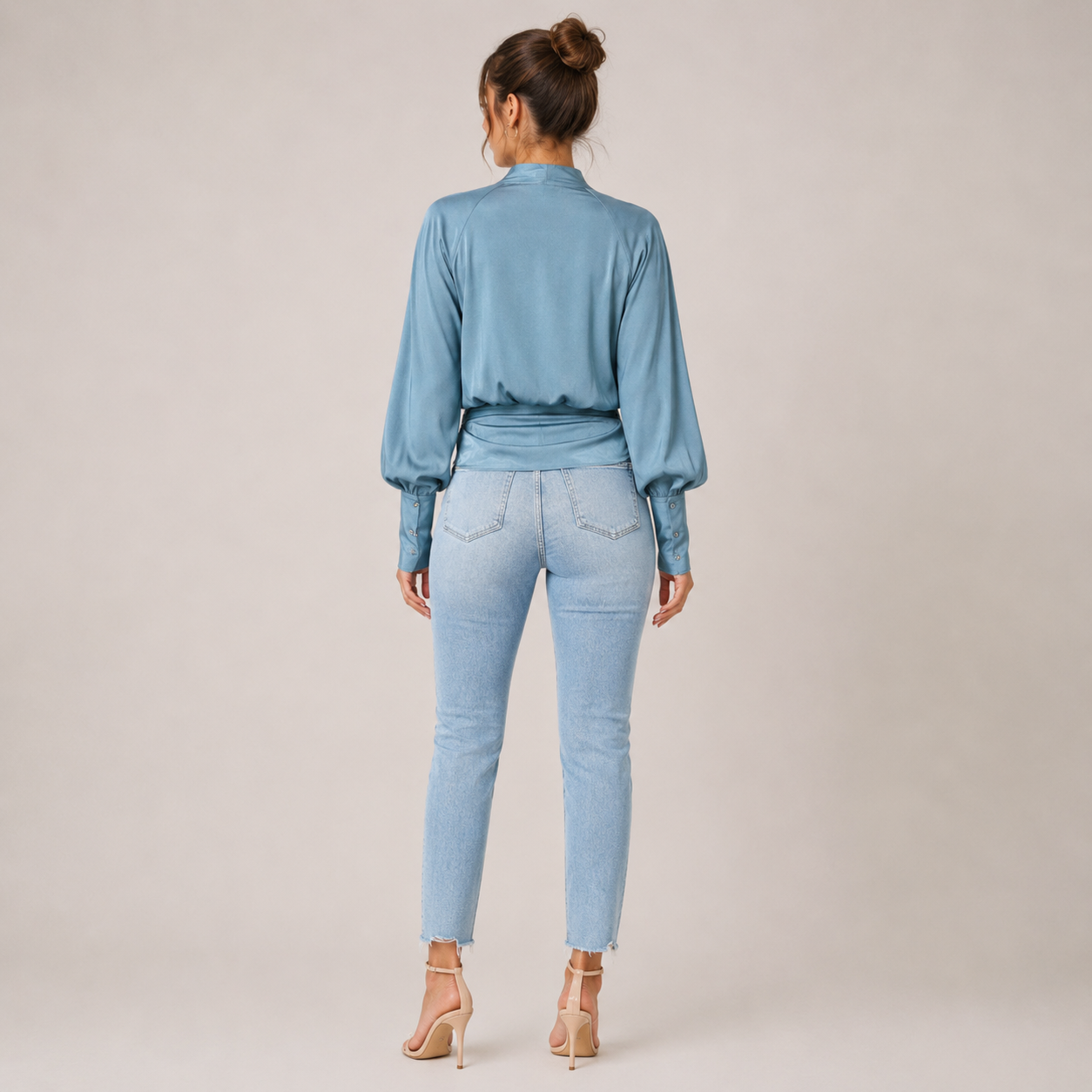 Elegant Satin | Women's Blouse with V-Neck & Puff Sleeves | Flattering Pleated Waist for Timeless Style 2