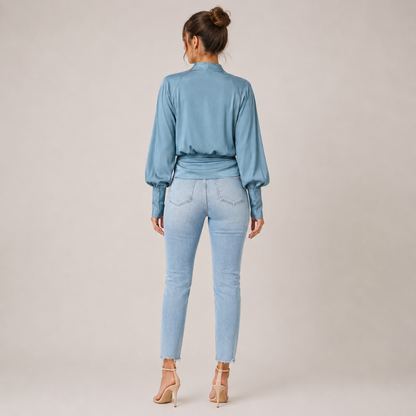 Elegant Satin | Women's Blouse with V-Neck & Puff Sleeves | Flattering Pleated Waist for Timeless Style 2