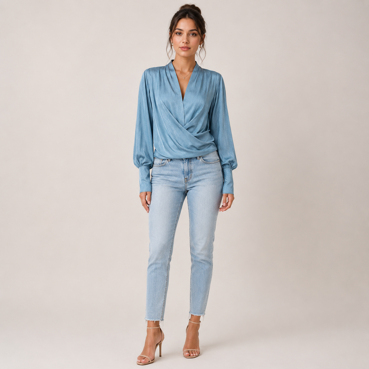 Elegant Satin | Women's Blouse with V-Neck & Puff Sleeves | Flattering Pleated Waist for Timeless Style 1