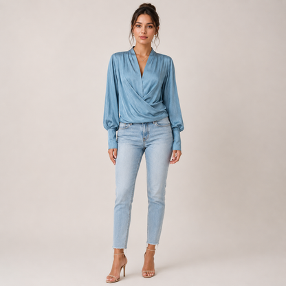 Elegant Satin | Women's Blouse with V-Neck & Puff Sleeves | Flattering Pleated Waist for Timeless Style 1