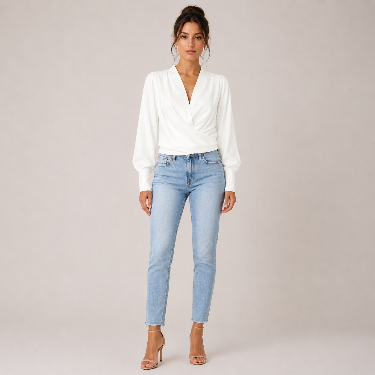 Elegant Satin | Women's Blouse with V-Neck & Puff Sleeves | Flattering Pleated Waist for Timeless Style 3
