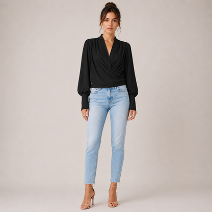 Elegant Satin | Women's Blouse with V-Neck & Puff Sleeves | Flattering Pleated Waist for Timeless Style 4