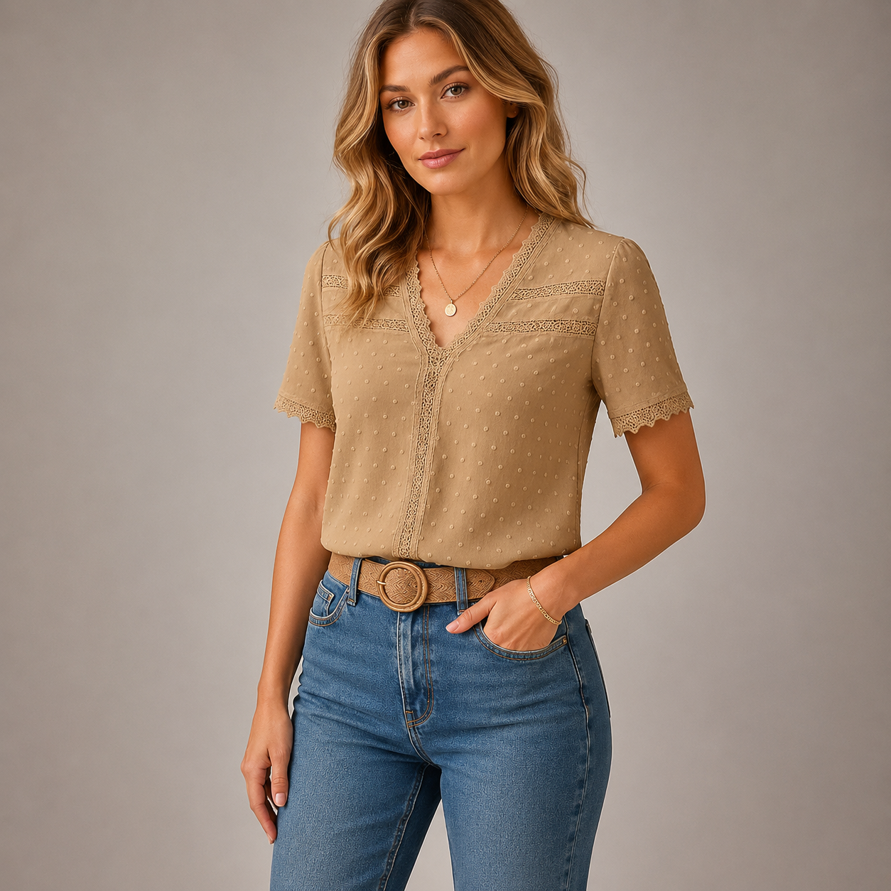 Women’s V-Neck Lace Blouse – Elegant Fit for Work and Occasions