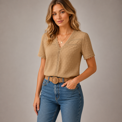 Women’s V-Neck Lace Blouse – Elegant Fit for Work and Occasions