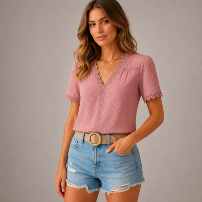 Women’s V-Neck Lace Blouse – Elegant Fit for Work and Occasions