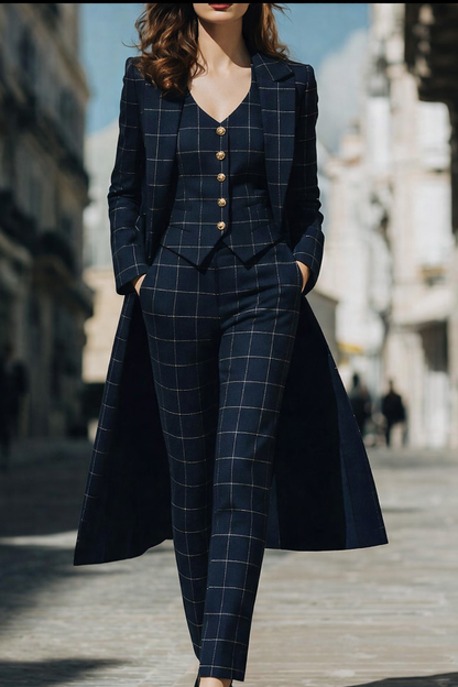 Navy Checkered Suit Set | Three-Piece Tailored Ensemble
