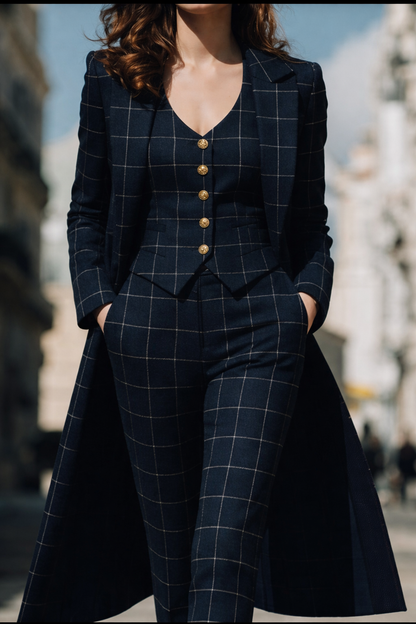 Navy Checkered Suit Set | Three-Piece Tailored Ensemble