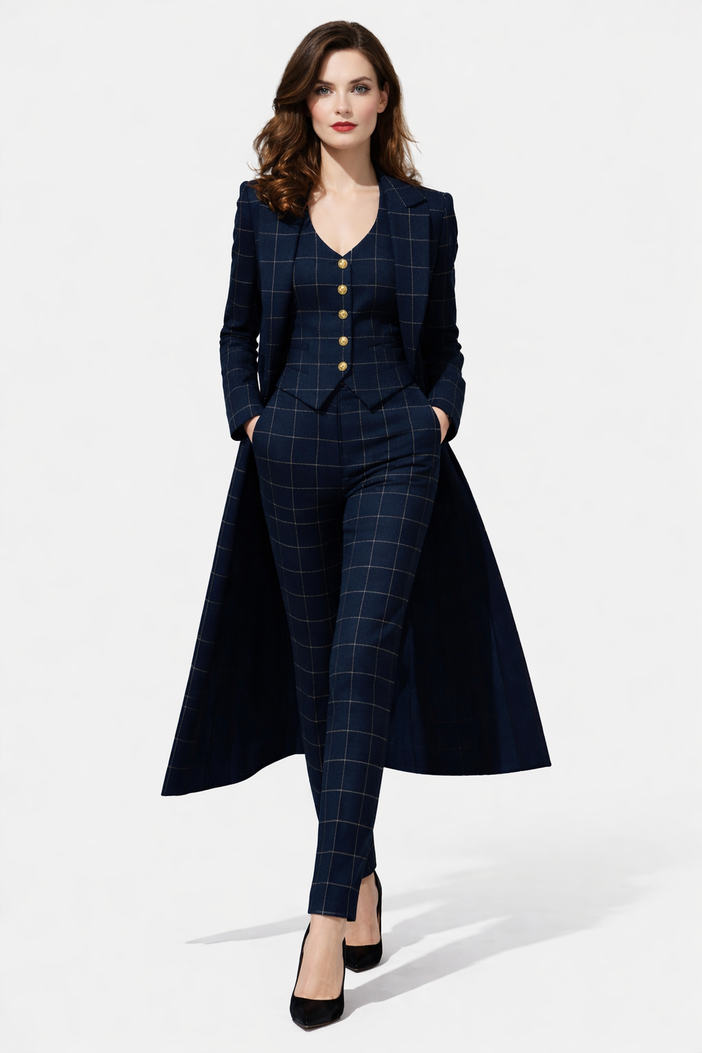 Navy Checkered Suit Set | Three-Piece Tailored Ensemble