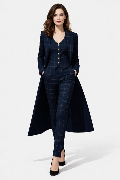 Navy Checkered Suit Set | Three-Piece Tailored Ensemble