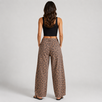 Elysian Leopard Wide Leg Jeans for Women - Chic Ankle-Length Style with Relaxed Fit