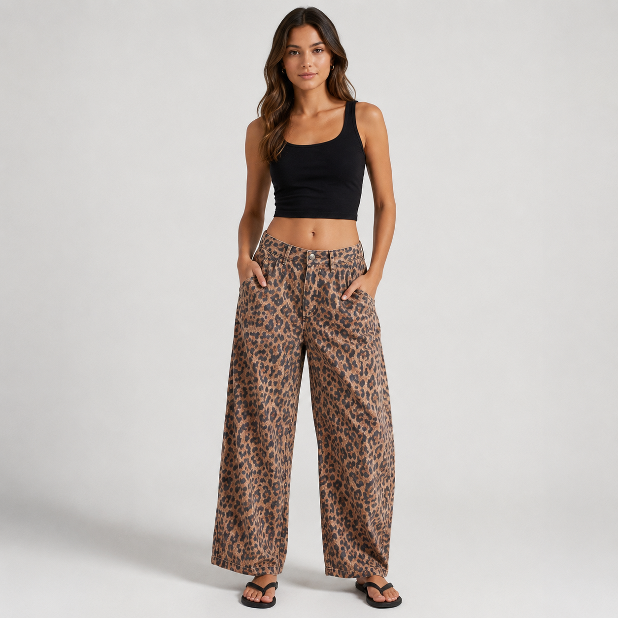 Elysian Leopard Wide Leg Jeans for Women - Chic Ankle-Length Style with Relaxed Fit