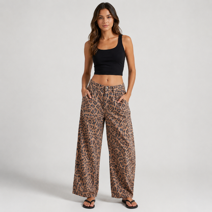 Elysian Leopard Wide Leg Jeans for Women - Chic Ankle-Length Style with Relaxed Fit